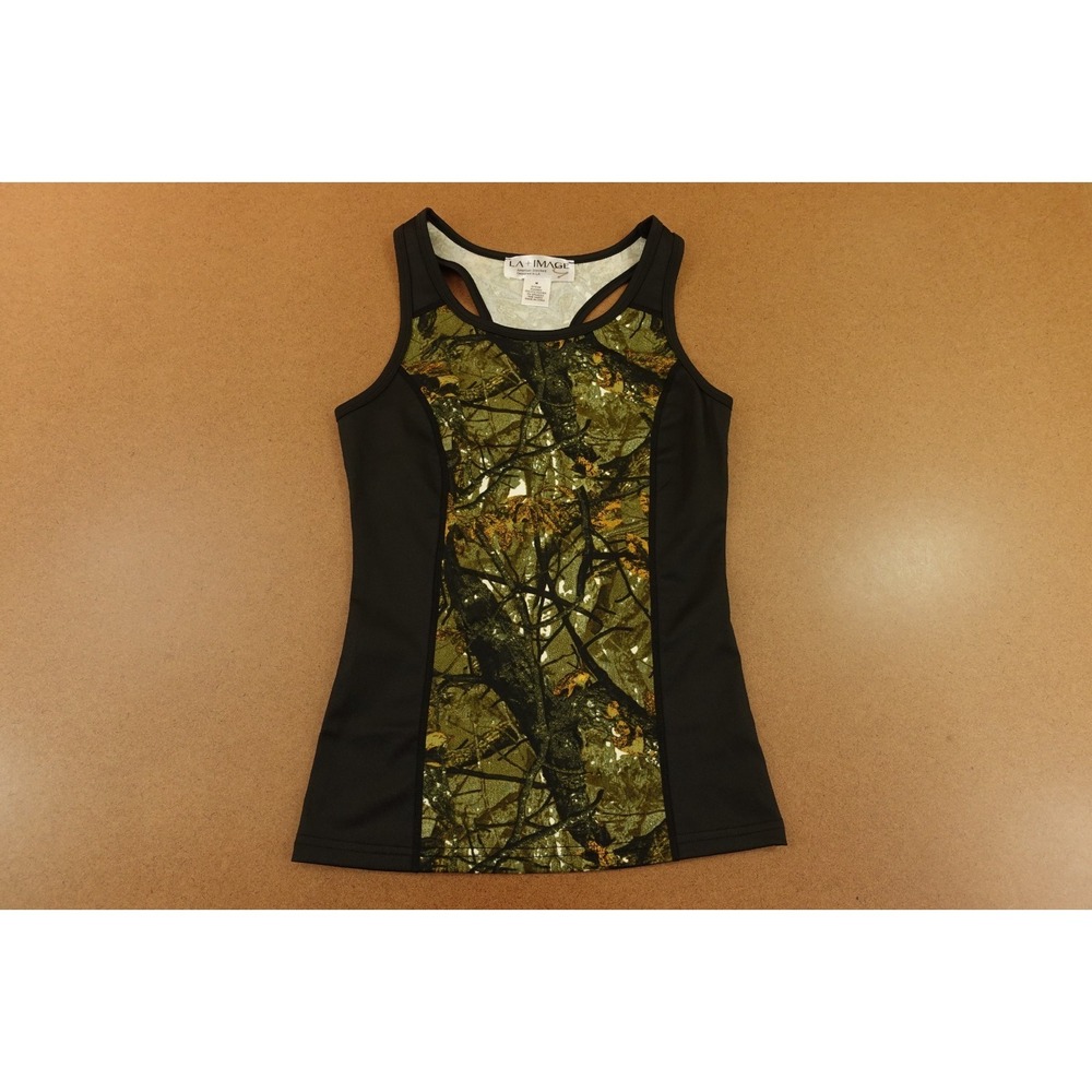 LA + IMAGE  Womens Medium Black Green Camouflage Stretch Outdoor Tank Top NWOT
